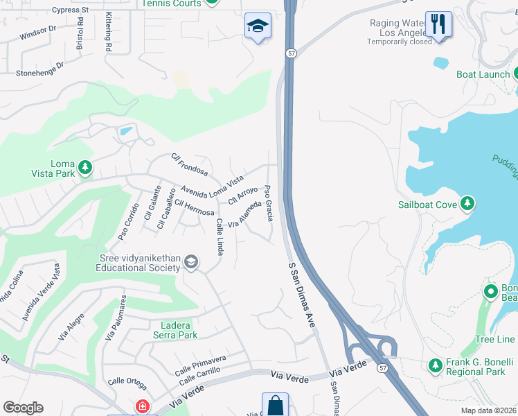 map of restaurants, bars, coffee shops, grocery stores, and more near 833 Vía Alameda in San Dimas