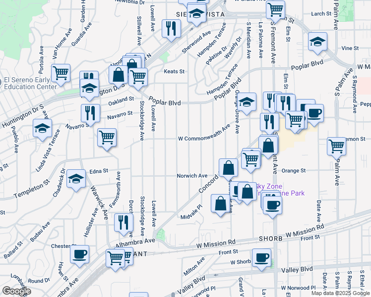 map of restaurants, bars, coffee shops, grocery stores, and more near 3200 West Commonwealth Avenue in Alhambra