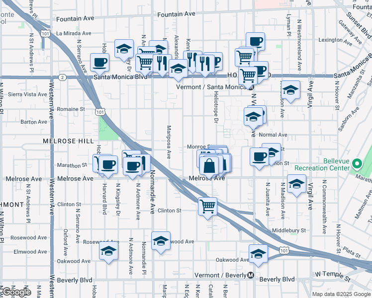 map of restaurants, bars, coffee shops, grocery stores, and more near 800 North Alexandria Avenue in Los Angeles