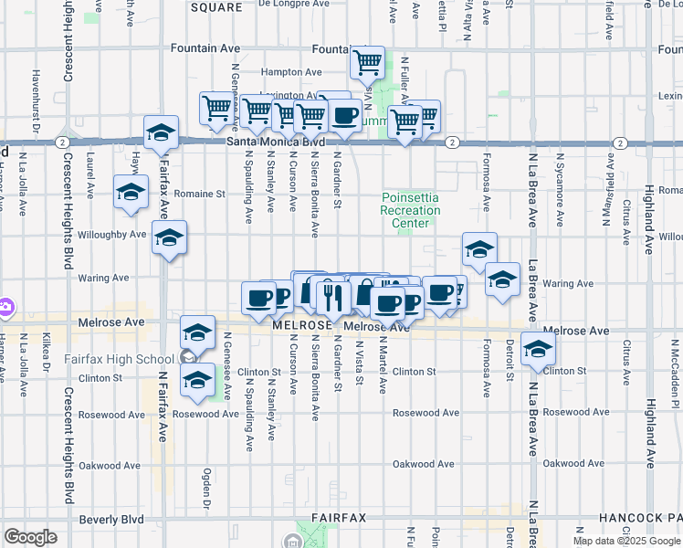 map of restaurants, bars, coffee shops, grocery stores, and more near 806 North Gardner Street in Los Angeles
