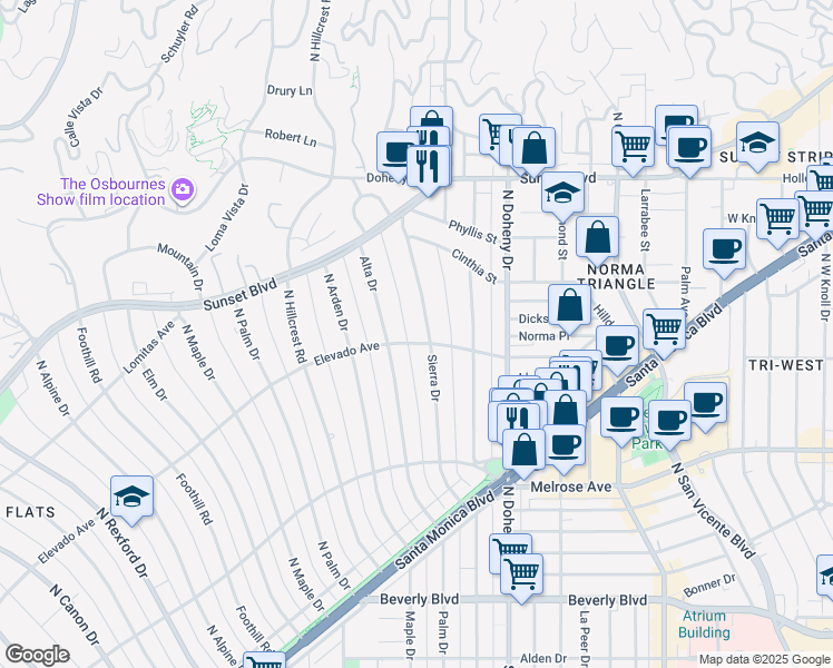map of restaurants, bars, coffee shops, grocery stores, and more near 701 Sierra Drive in Beverly Hills