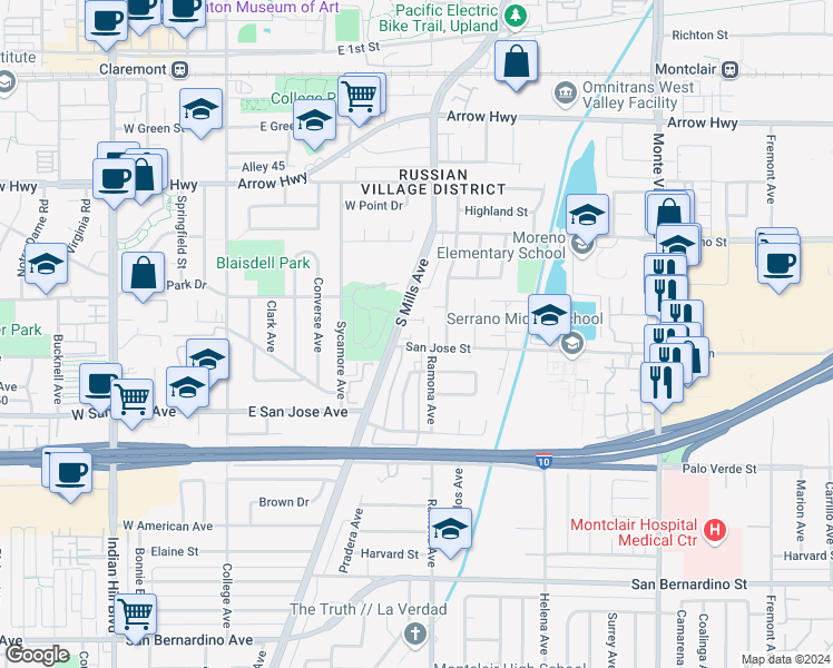 map of restaurants, bars, coffee shops, grocery stores, and more near West San Jose Avenue in Claremont