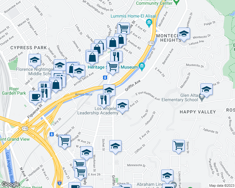 map of restaurants, bars, coffee shops, grocery stores, and more near 3509 Griffin Avenue in Los Angeles