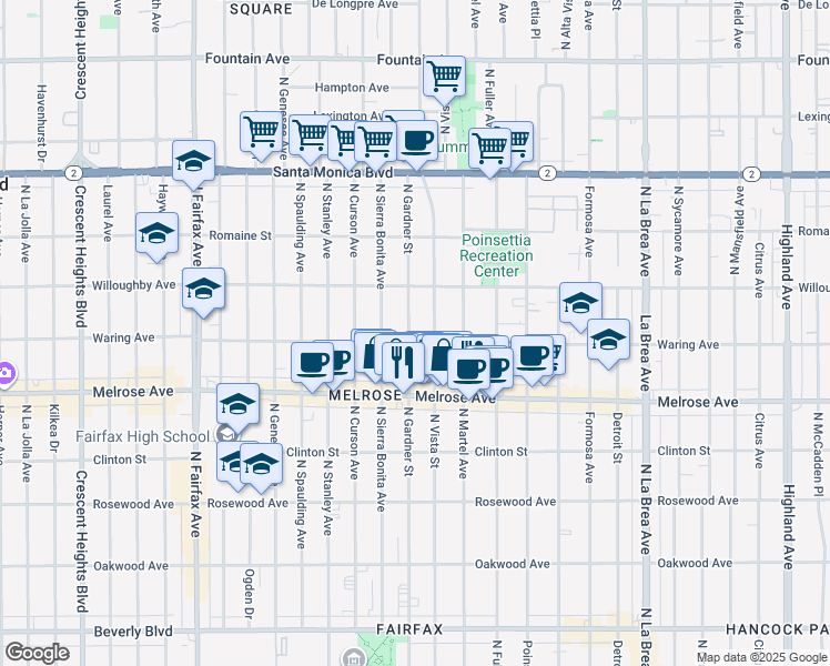 map of restaurants, bars, coffee shops, grocery stores, and more near 806 North Gardner Street in Los Angeles