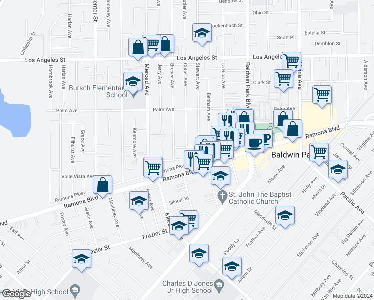 map of restaurants, bars, coffee shops, grocery stores, and more near 13932 Bellgreen Street in Baldwin Park