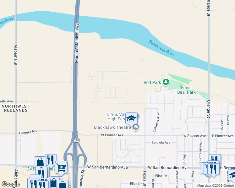 map of restaurants, bars, coffee shops, grocery stores, and more near 2046 Meyer Lane in Redlands