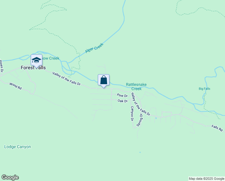 map of restaurants, bars, coffee shops, grocery stores, and more near 41045 Valley of the Falls Drive in Forest Falls