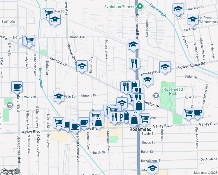 map of restaurants, bars, coffee shops, grocery stores, and more near 8817 Mission Drive in Rosemead