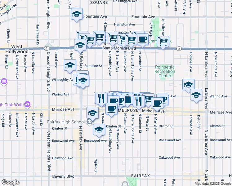map of restaurants, bars, coffee shops, grocery stores, and more near 807 North Stanley Avenue in Los Angeles