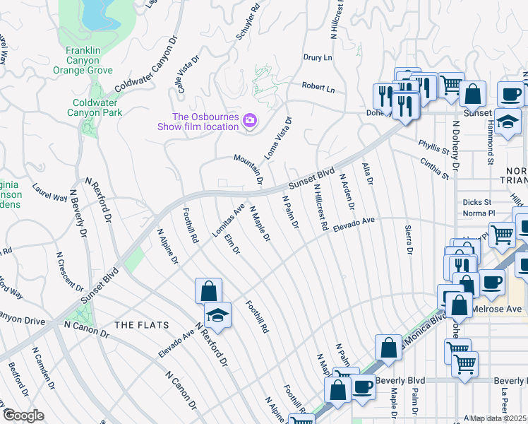 map of restaurants, bars, coffee shops, grocery stores, and more near 722 North Maple Drive in Beverly Hills
