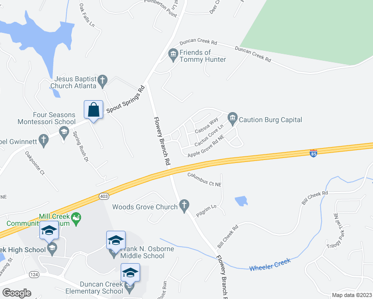 map of restaurants, bars, coffee shops, grocery stores, and more near 5075 Cactus Cove Lane in Buford