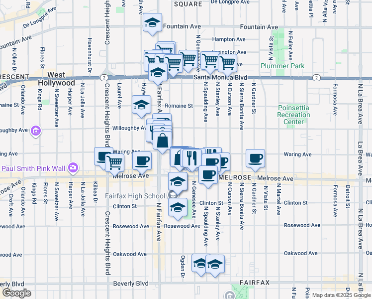 map of restaurants, bars, coffee shops, grocery stores, and more near 822 North Ogden Drive in Los Angeles
