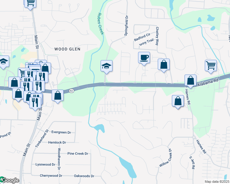 map of restaurants, bars, coffee shops, grocery stores, and more near 132 Maple Creek Way in Woodstock