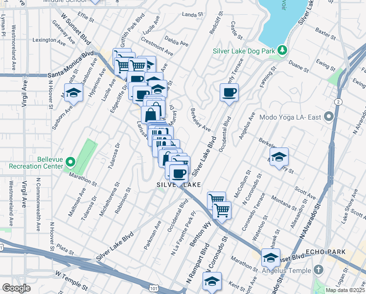 map of restaurants, bars, coffee shops, grocery stores, and more near 1449 Elevado Street in Los Angeles