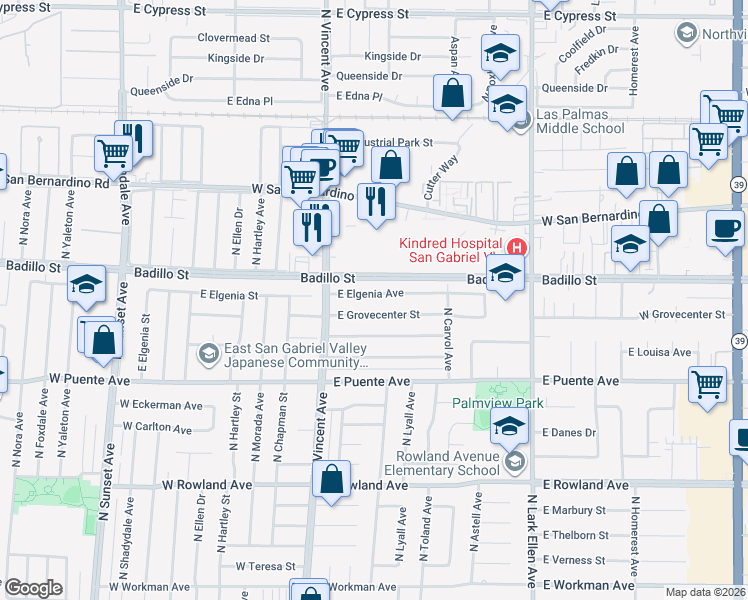 map of restaurants, bars, coffee shops, grocery stores, and more near 1118 East Elgenia Street in West Covina