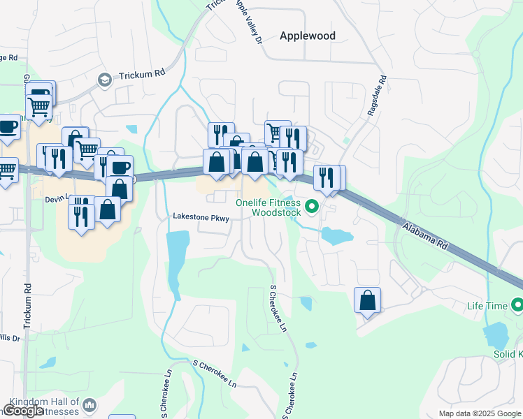 map of restaurants, bars, coffee shops, grocery stores, and more near 111 Bevington Lane in Woodstock