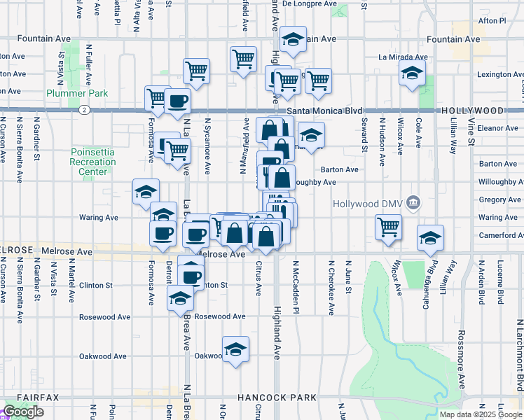 map of restaurants, bars, coffee shops, grocery stores, and more near 810 North Citrus Avenue in Los Angeles
