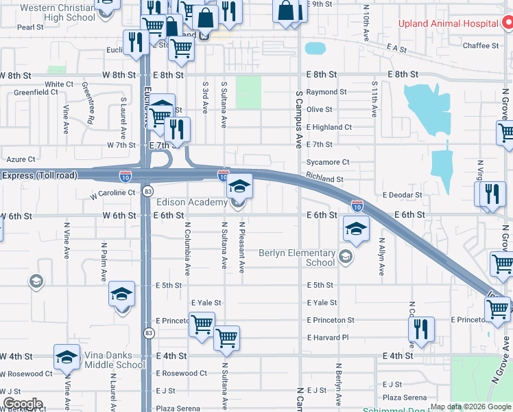 map of restaurants, bars, coffee shops, grocery stores, and more near 1514 North Pleasant Avenue in Ontario