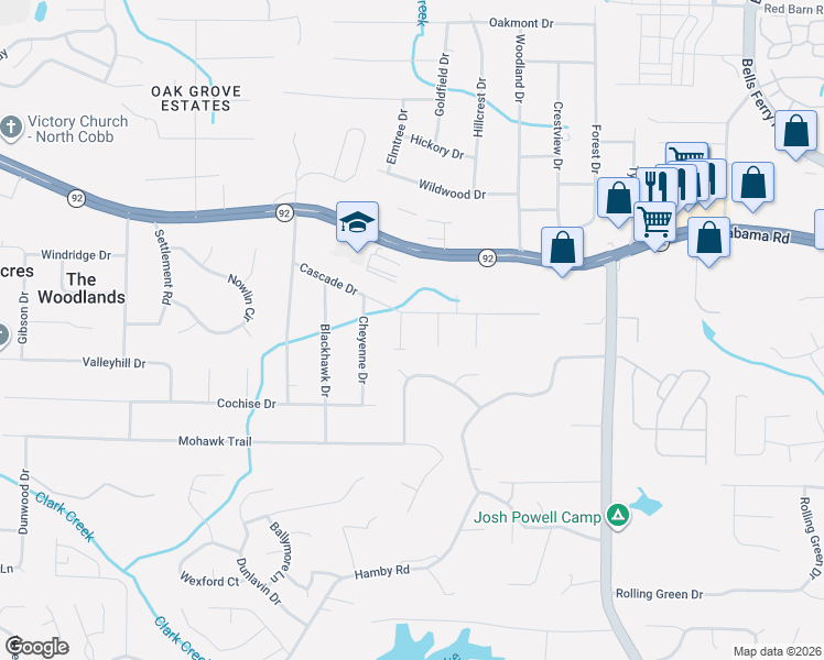 map of restaurants, bars, coffee shops, grocery stores, and more near 5513 Tonowanda Drive in Acworth