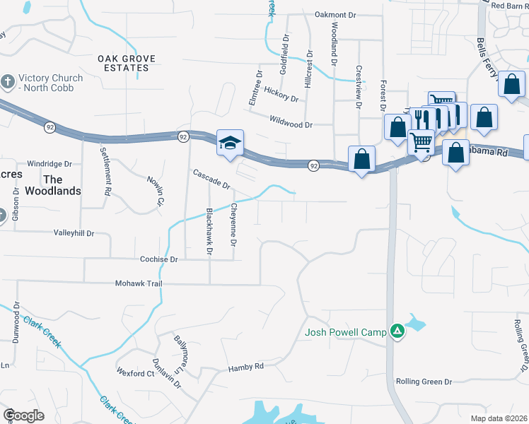map of restaurants, bars, coffee shops, grocery stores, and more near 5506 Arrowhead Drive in Acworth