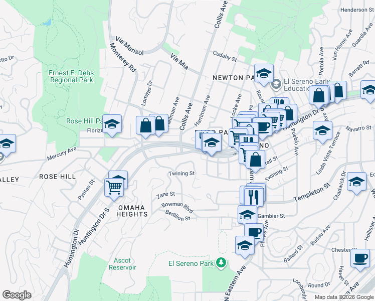 map of restaurants, bars, coffee shops, grocery stores, and more near 4671 Huntington Drive South in Los Angeles
