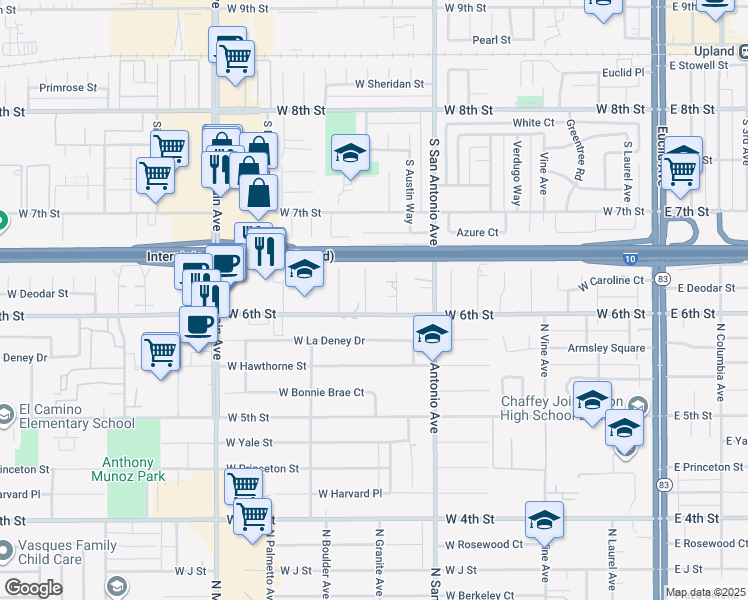 map of restaurants, bars, coffee shops, grocery stores, and more near 1516 North Granite Avenue in Ontario