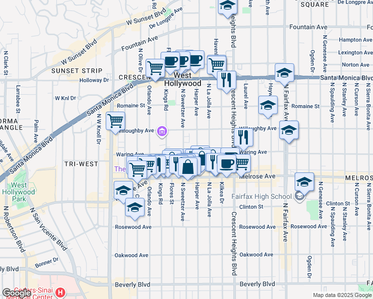 map of restaurants, bars, coffee shops, grocery stores, and more near 819 North Harper Avenue in Los Angeles