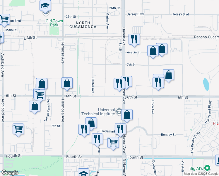 map of restaurants, bars, coffee shops, grocery stores, and more near 10404 6th Street in Rancho Cucamonga