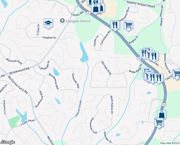 map of restaurants, bars, coffee shops, grocery stores, and more near 4045 Bridle Ridge Drive in Suwanee