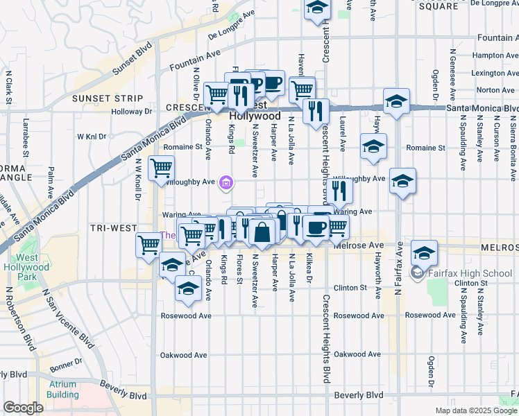 map of restaurants, bars, coffee shops, grocery stores, and more near 819 North Harper Avenue in Los Angeles