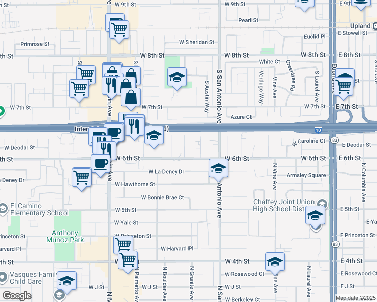 map of restaurants, bars, coffee shops, grocery stores, and more near 1516 North Granite Avenue in Ontario