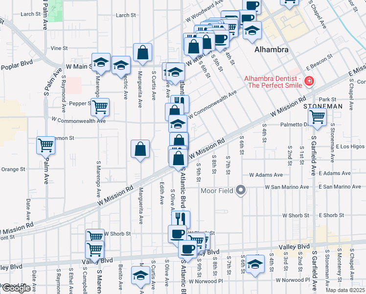 map of restaurants, bars, coffee shops, grocery stores, and more near 409 South Atlantic Boulevard in Alhambra