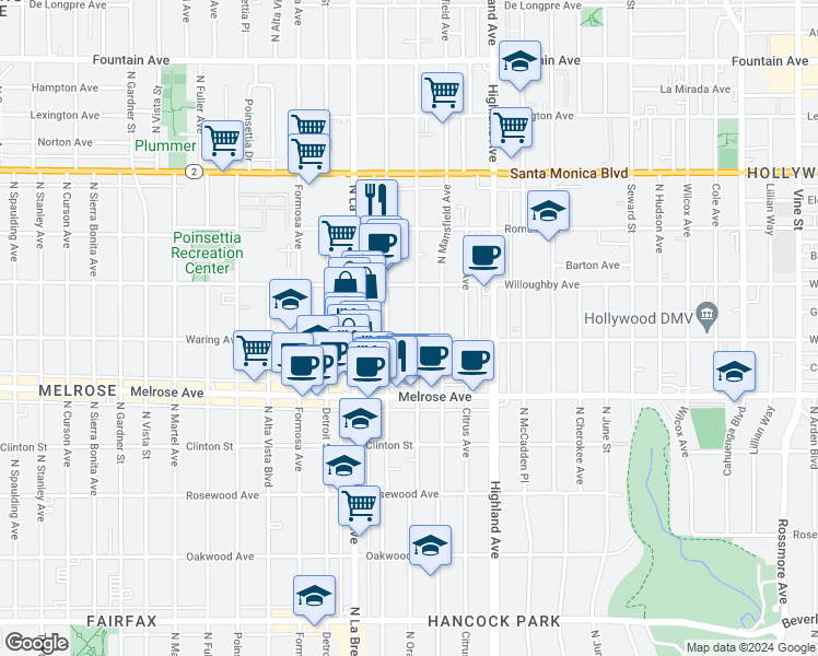 map of restaurants, bars, coffee shops, grocery stores, and more near 813 North Orange Drive in Los Angeles
