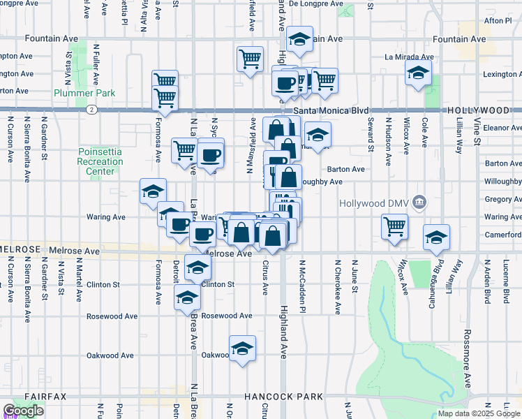 map of restaurants, bars, coffee shops, grocery stores, and more near 811 North Citrus Avenue in Los Angeles
