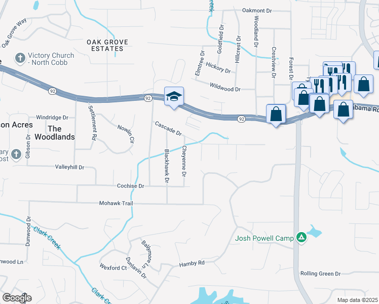 map of restaurants, bars, coffee shops, grocery stores, and more near 5500 Cheyenne Drive in Acworth