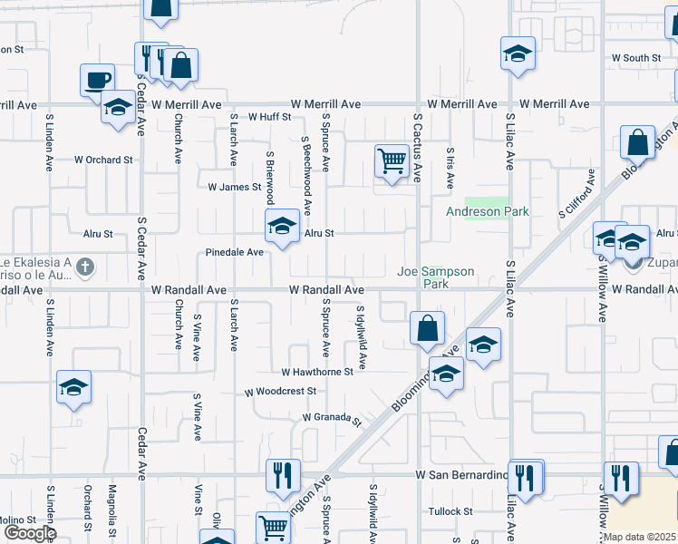 map of restaurants, bars, coffee shops, grocery stores, and more near 848 South Arrowhead Avenue in Rialto