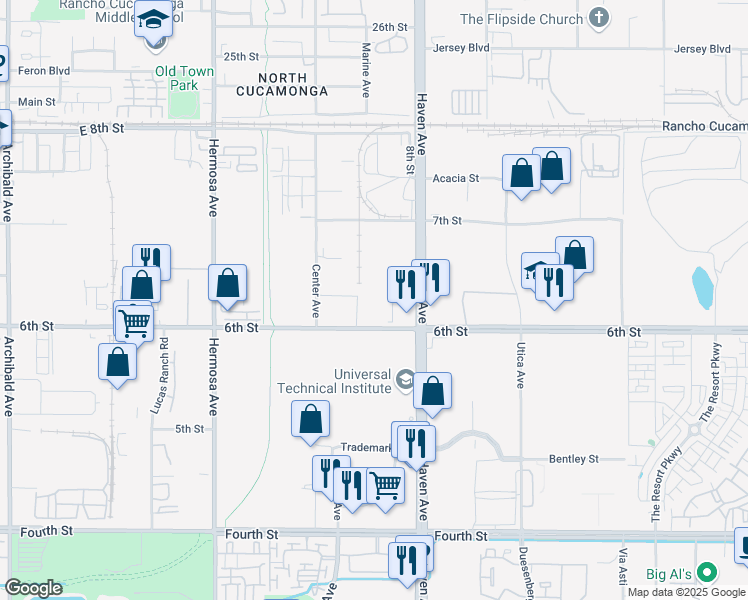 map of restaurants, bars, coffee shops, grocery stores, and more near 10404 6th Street in Rancho Cucamonga