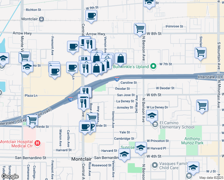 map of restaurants, bars, coffee shops, grocery stores, and more near 9221 Vernon Avenue in Montclair