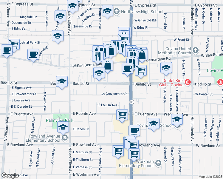 map of restaurants, bars, coffee shops, grocery stores, and more near 1014 Badillo Street in Covina