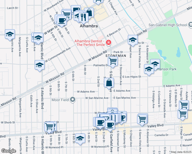 map of restaurants, bars, coffee shops, grocery stores, and more near 900 South 2nd Street in Alhambra