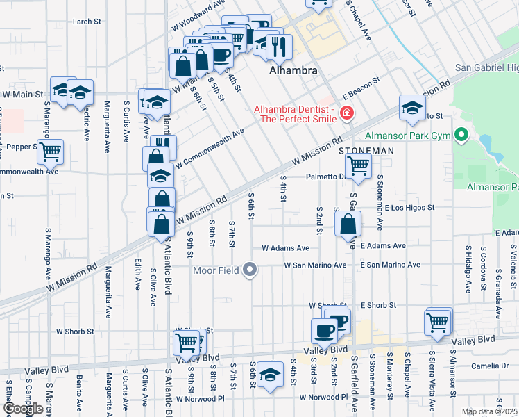 map of restaurants, bars, coffee shops, grocery stores, and more near 611 South 6th Street in Alhambra