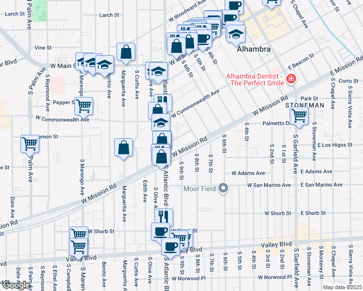 map of restaurants, bars, coffee shops, grocery stores, and more near 813 West Mission Road in Alhambra