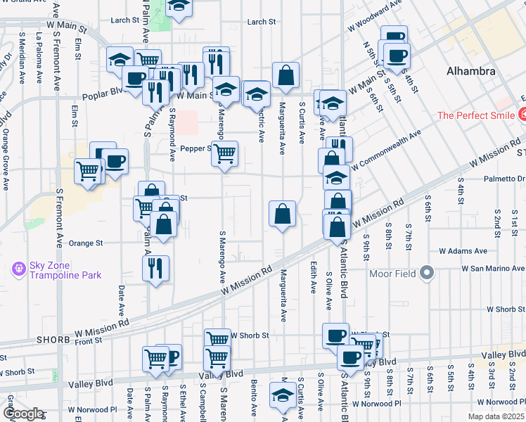 map of restaurants, bars, coffee shops, grocery stores, and more near 405 Electric Avenue in Alhambra