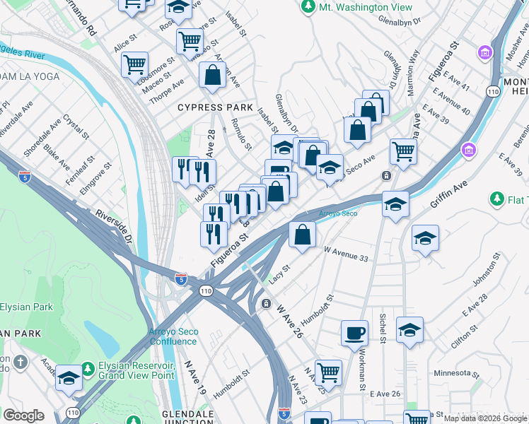 map of restaurants, bars, coffee shops, grocery stores, and more near 3207 North River Street in Los Angeles