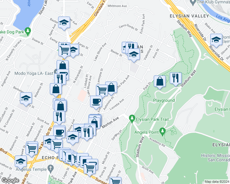 map of restaurants, bars, coffee shops, grocery stores, and more near 1873 Echo Park Avenue in Los Angeles
