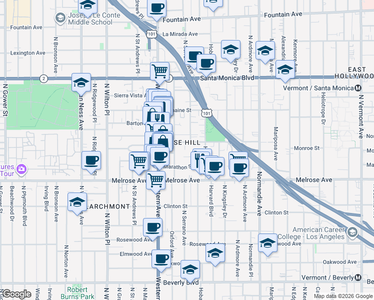 map of restaurants, bars, coffee shops, grocery stores, and more near 5034 Lemon Grove Avenue in Los Angeles