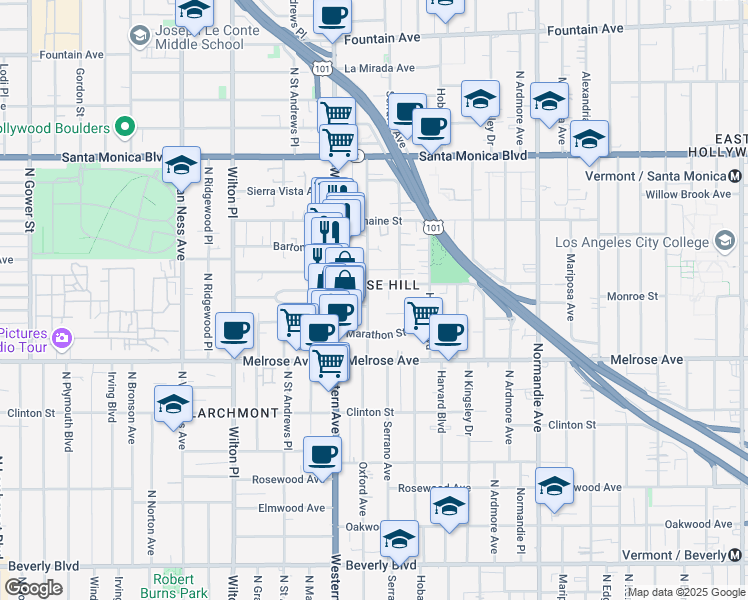 map of restaurants, bars, coffee shops, grocery stores, and more near in Los Angeles