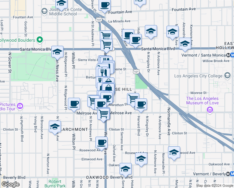 map of restaurants, bars, coffee shops, grocery stores, and more near in Los Angeles