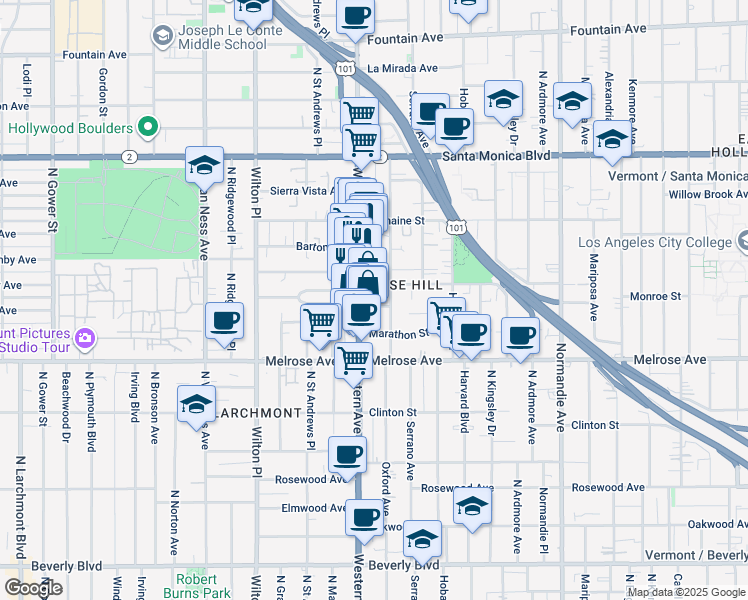 map of restaurants, bars, coffee shops, grocery stores, and more near in Los Angeles