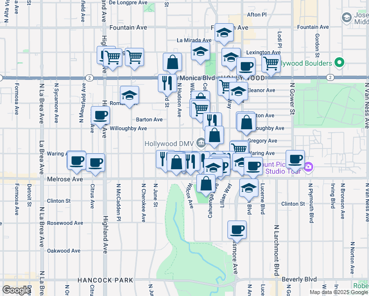 map of restaurants, bars, coffee shops, grocery stores, and more near 816 North Hudson Avenue in Los Angeles